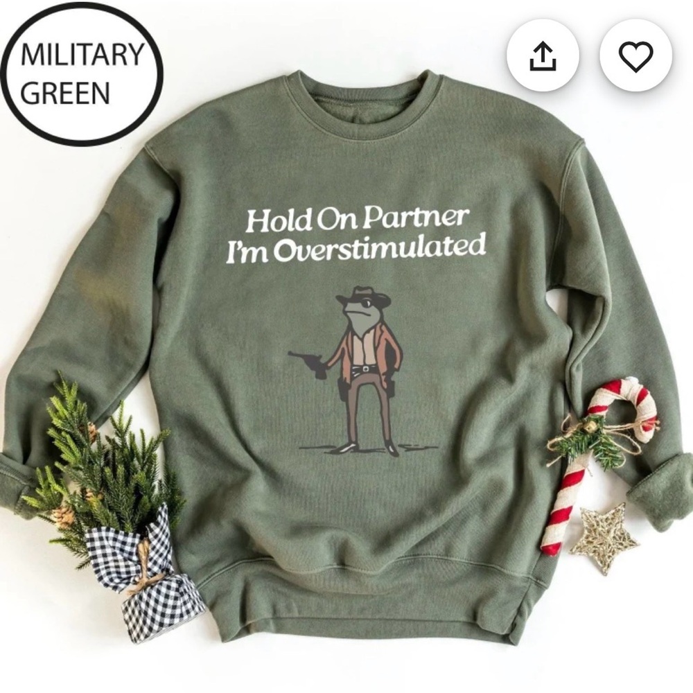 Military Green Sweater with Cowboy Frog Design